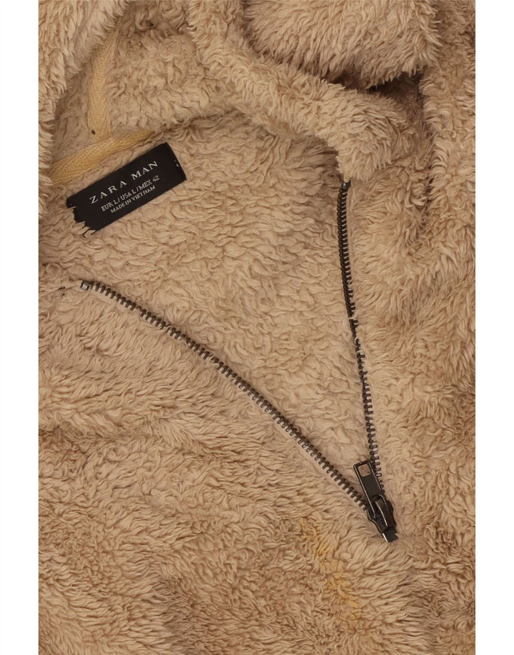 ZARA Pull polaire à capuche pour homme Large Beige