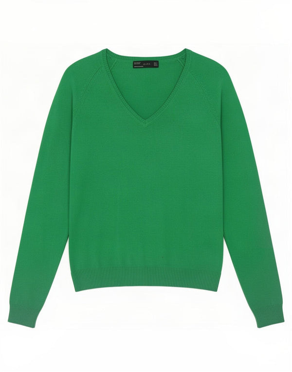 Zara Pull col V pour femme UK 14 Large Vert Coton