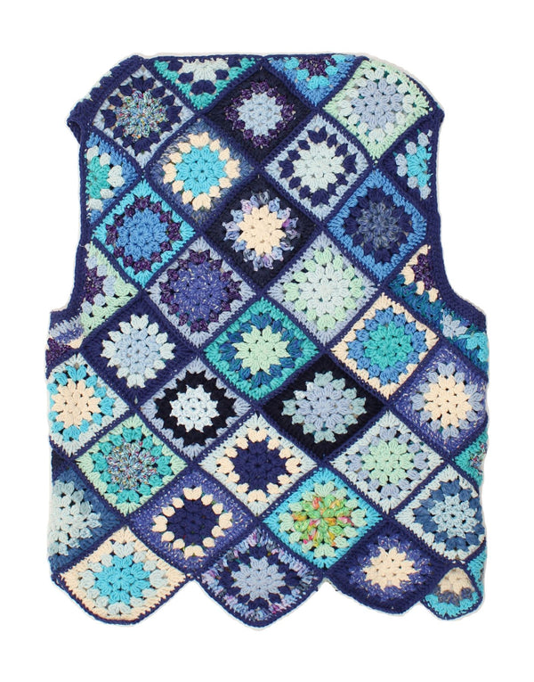 VINTAGE Womens Sleeveless Cardigan Sweater UK 16 Large Blue Patchwork