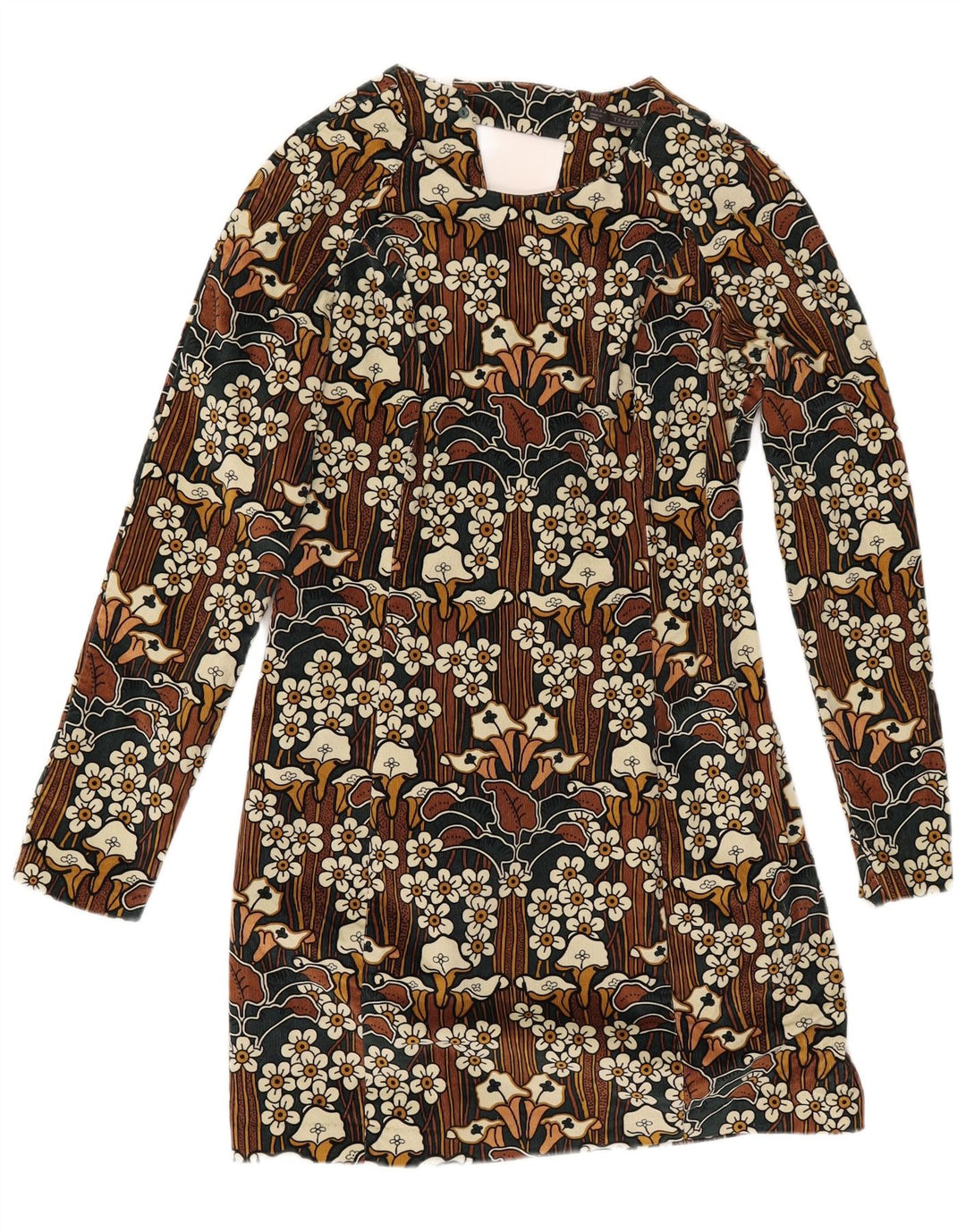 ZARA Femme Trafaluc Robe fourreau à manches longues UK 14 Grand Marron Floral