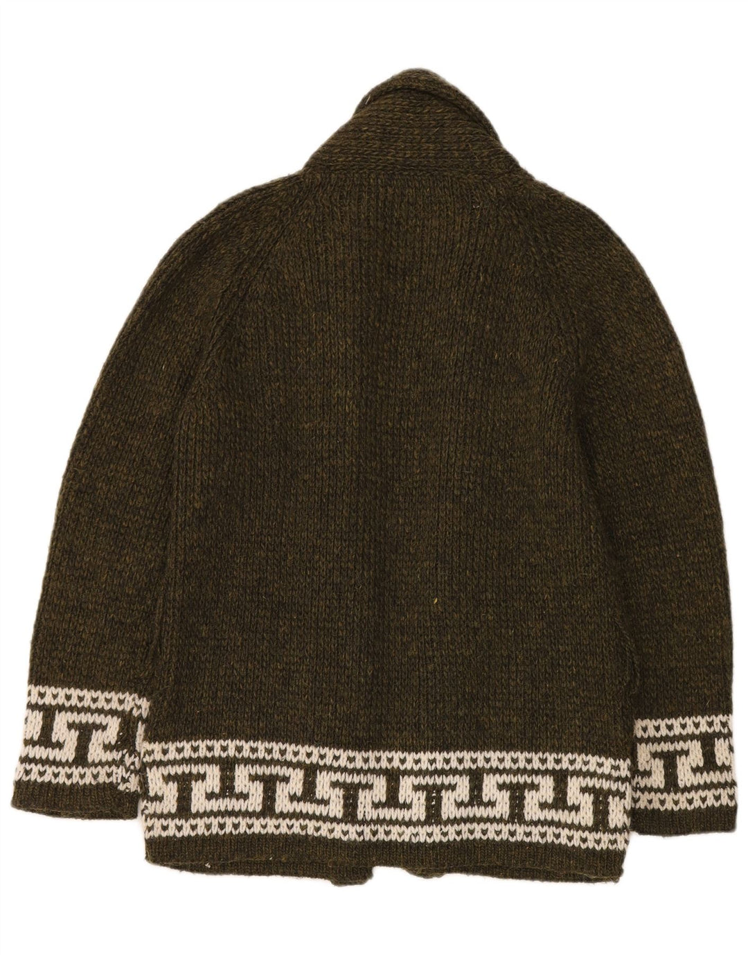 vintage Womens Open Cardigan Sweater UK 14 Laine géométrique kaki moyen
