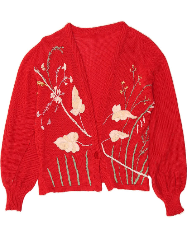 VINTAGE Femmes Crop Cardigan Pull UK 12 Moyen Rouge Floral
