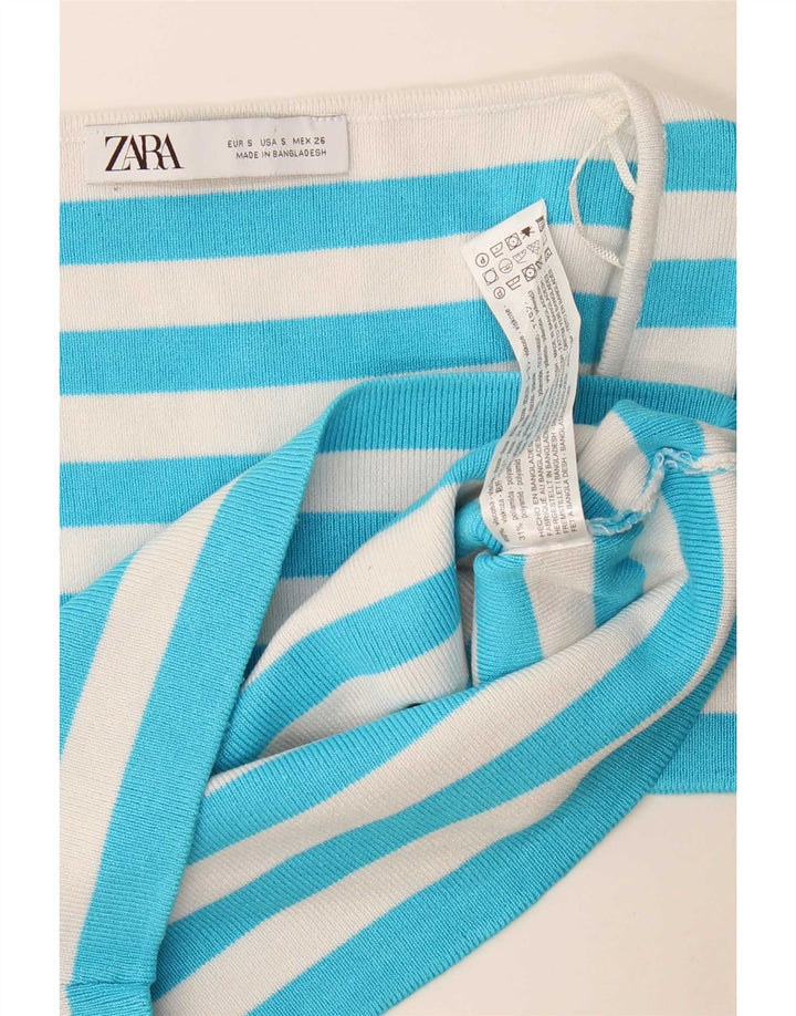 Zara Femme Crop Top UK 8 Petite Viscose Rayée Bleue