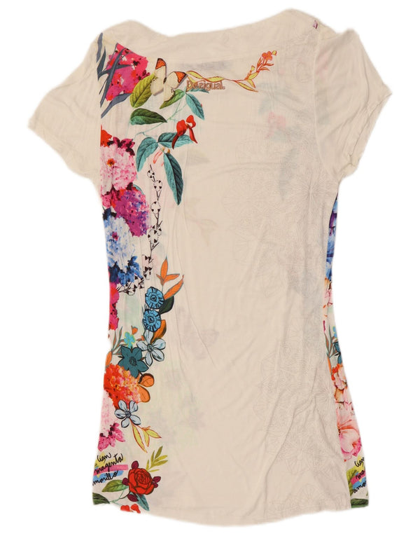 Desigual Femme Haut Long à Épaules Dénudées UK 6 XS Blanc Cassé Floral Viscose