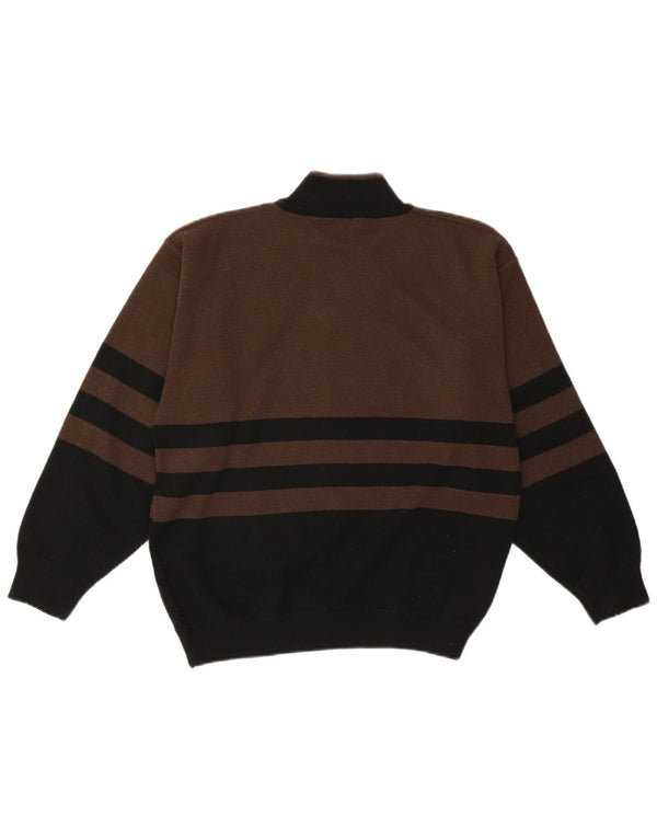 VINTAGE Mens Graphic Turtle Neck Jumper Sweater Small Brown Colourblock