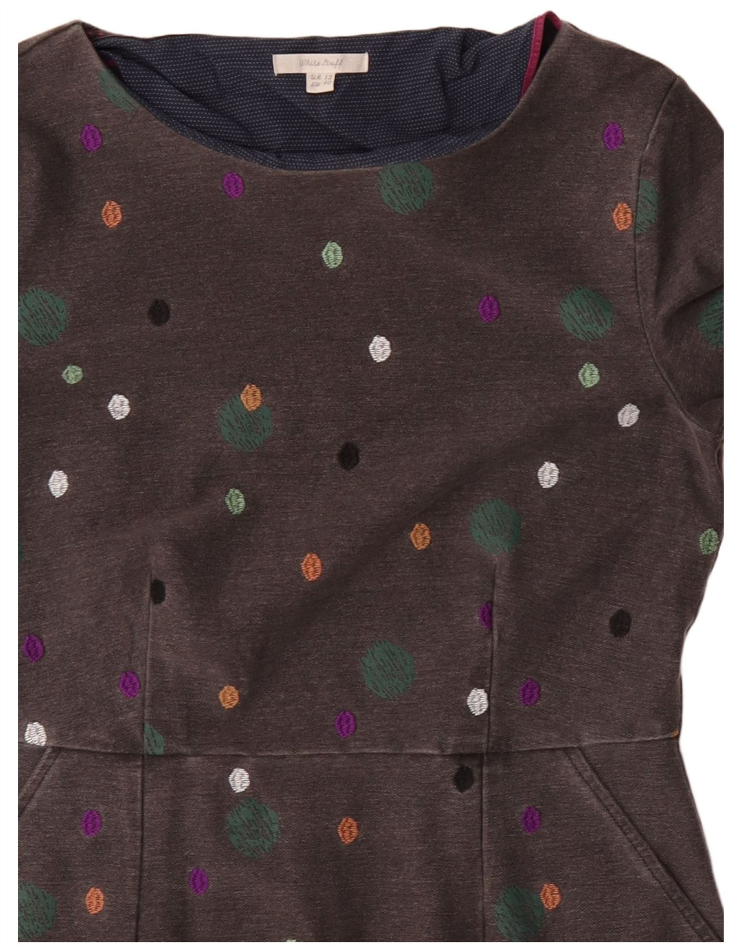 WHITE STUFF Robe fourreau à manches 3/4 pour femme UK 12 Gris moyen à pois