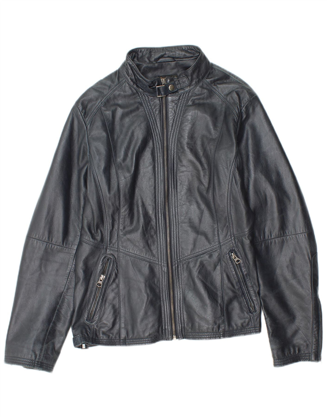 veste en cuir femme vintage IT 48 XL Cuir bleu marine