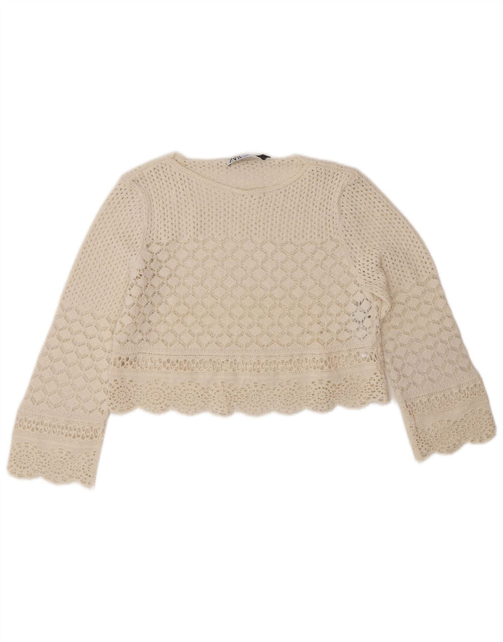 Zara Femmes Crochet Crop Top UK 10 Petit Polyester Blanc Cassé