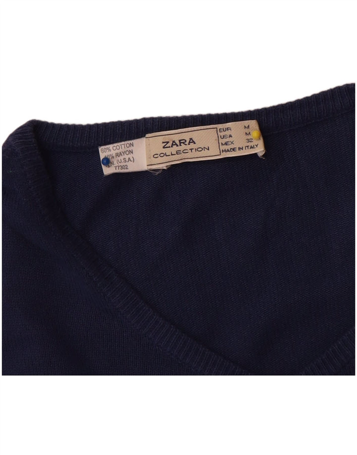 Zara Femme Cardigan Pull UK 14 Moyen Bleu Marine Coton