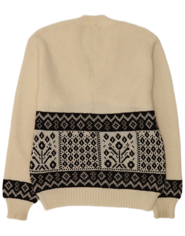 vintage Homme Col V Pull Pull Moyen Blanc Géométrique