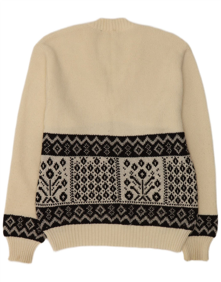 vintage Homme Col V Pull Pull Moyen Blanc Géométrique