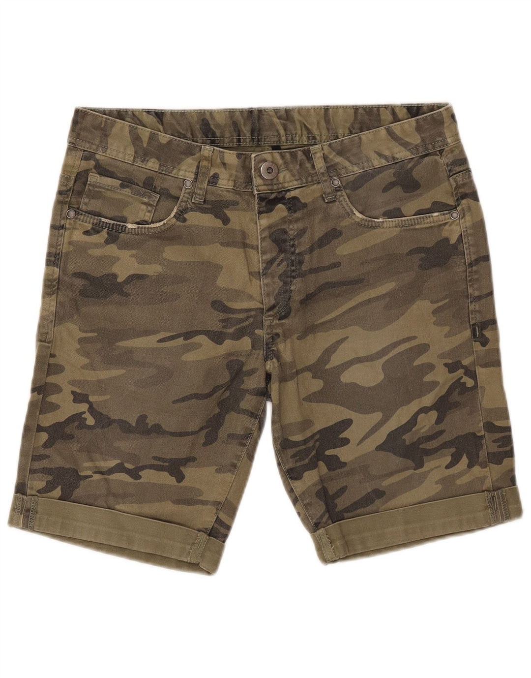 Benetton Short décontracté pour femme IT 46 Large W32 Kaki Camouflage Coton