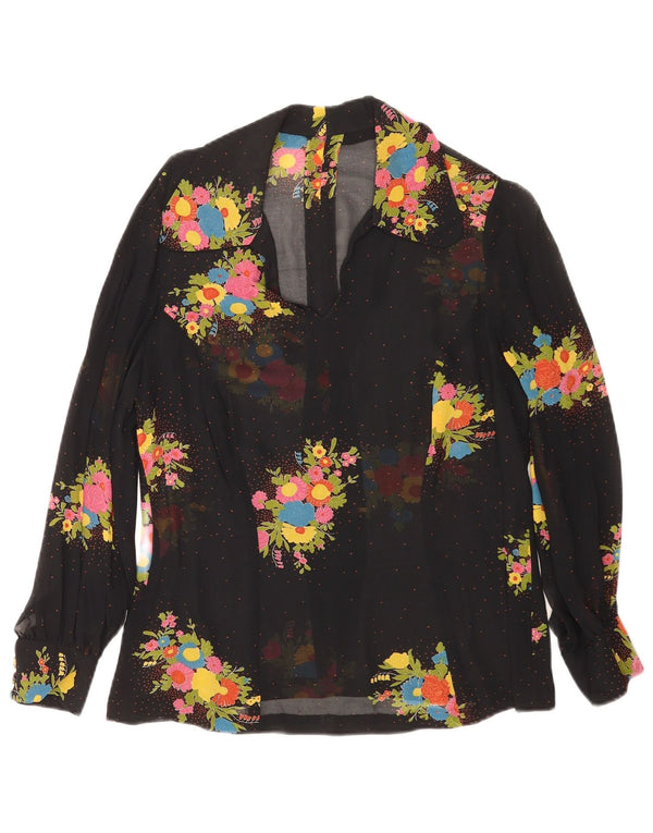 vintage Femmes Voir à travers le chemisier à manches longues Top UK 14 Moyen Noir Floral