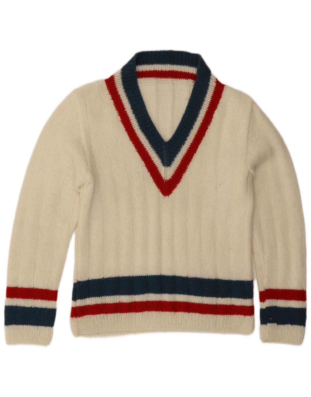 vintage Mens V-Col Jumper Pull Moyen Blanc Rayé