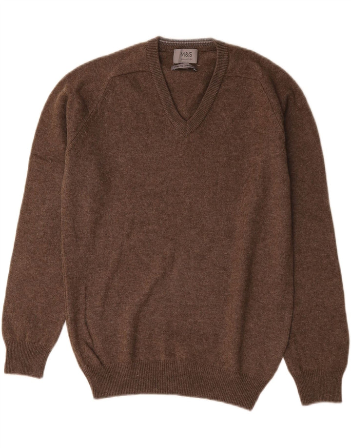 Marks & Spencer Pull col V pour homme en laine d'agneau Marron Taille S