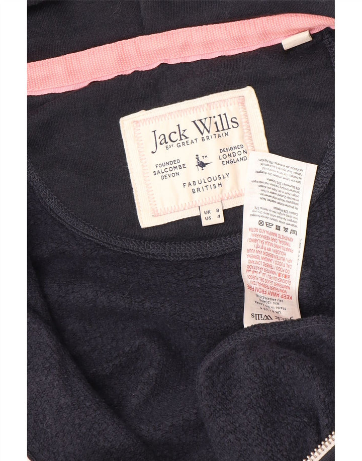 JACK WILLS Pull à capuche zippé graphique pour femme UK 8 Petit coton bleu marine