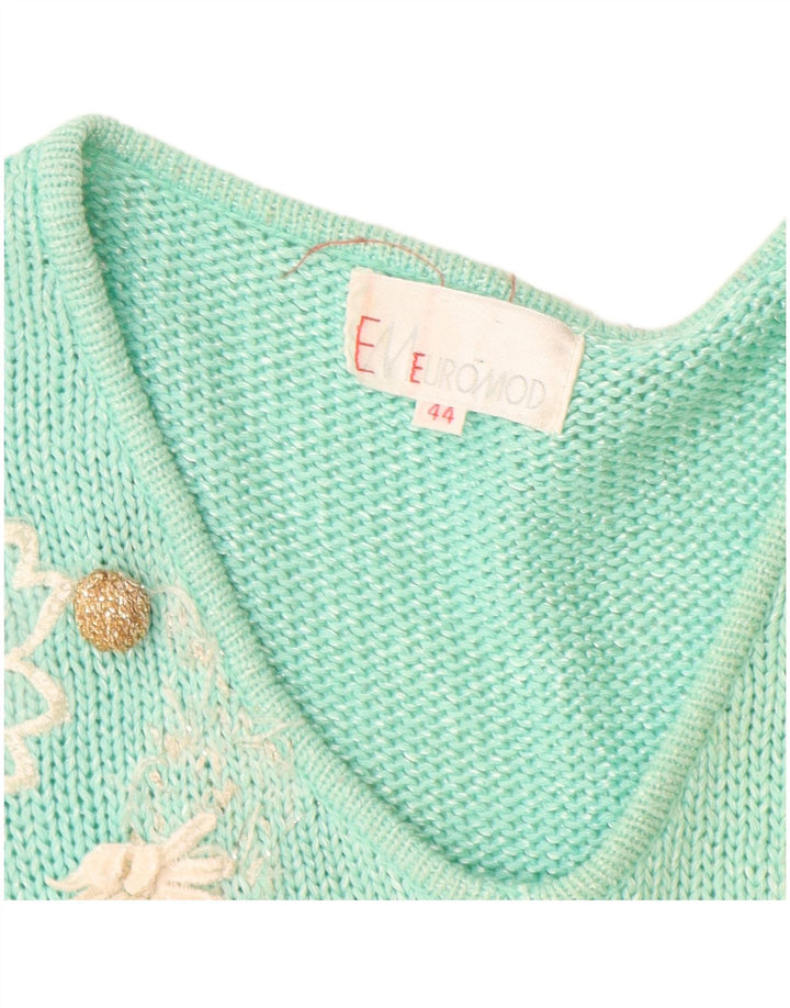 vintage Femme Col V Pull Pull IT 44 Moyen Turquoise Polyacrylique