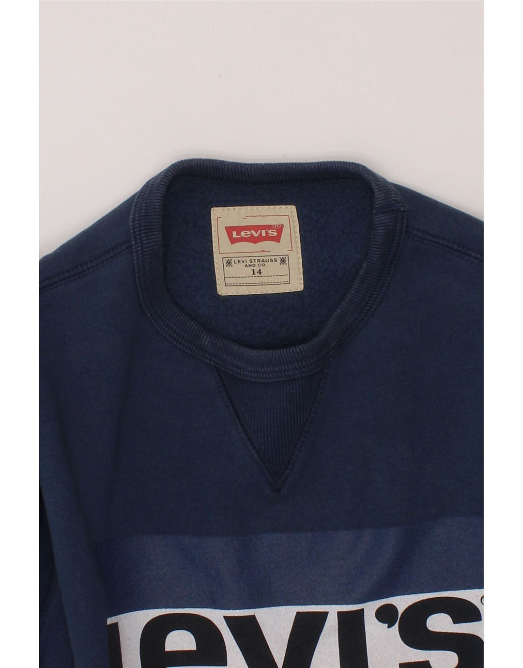 LEVI'S Boys Graphic Sweatshirt Jumper 13-14 Years Navy Blue Cotton Vintage Levi's and Second-Hand Levi's from Messina Hembry 