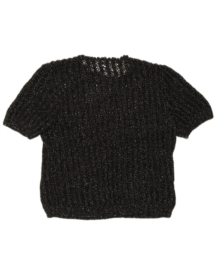 vintage Femmes Manches Courtes Crew Neck Jumper Pull UK 12 Moyen Noir