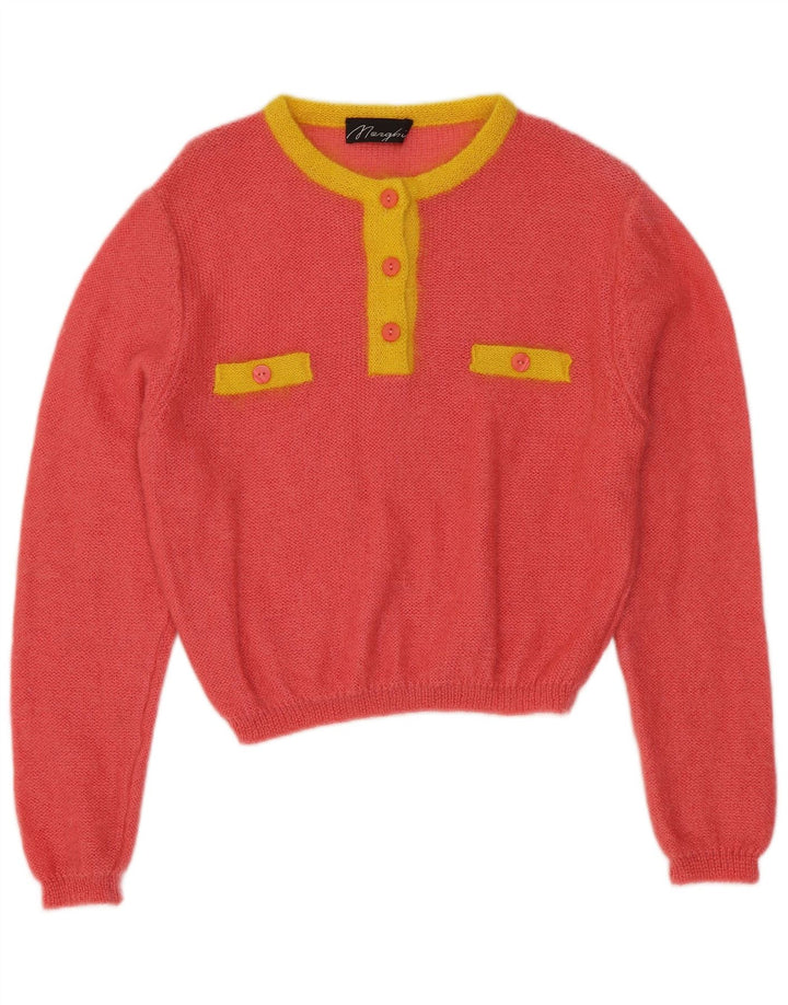 VINTAGE Pull col boutonné pour femme IT 44 Rose moyen Colourblock