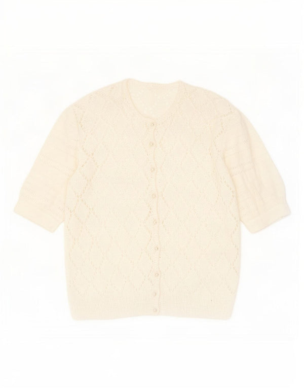 vintage Femmes Voir à travers Cardigan Pull UK 14 Moyen Blanc Moucheté