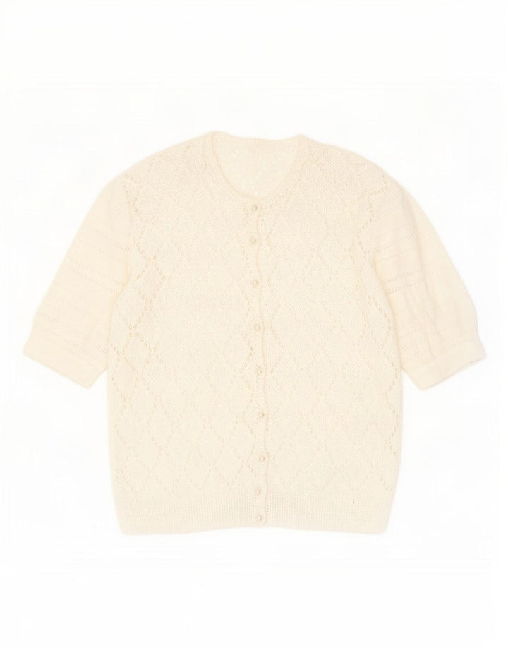 vintage Femmes Voir à travers Cardigan Pull UK 14 Moyen Blanc Moucheté