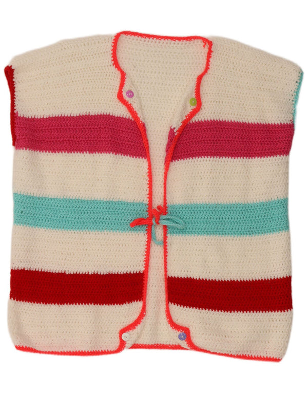 VINTAGE Femme Cardigan sans manches Pull UK 18 XL Blanc Rayé