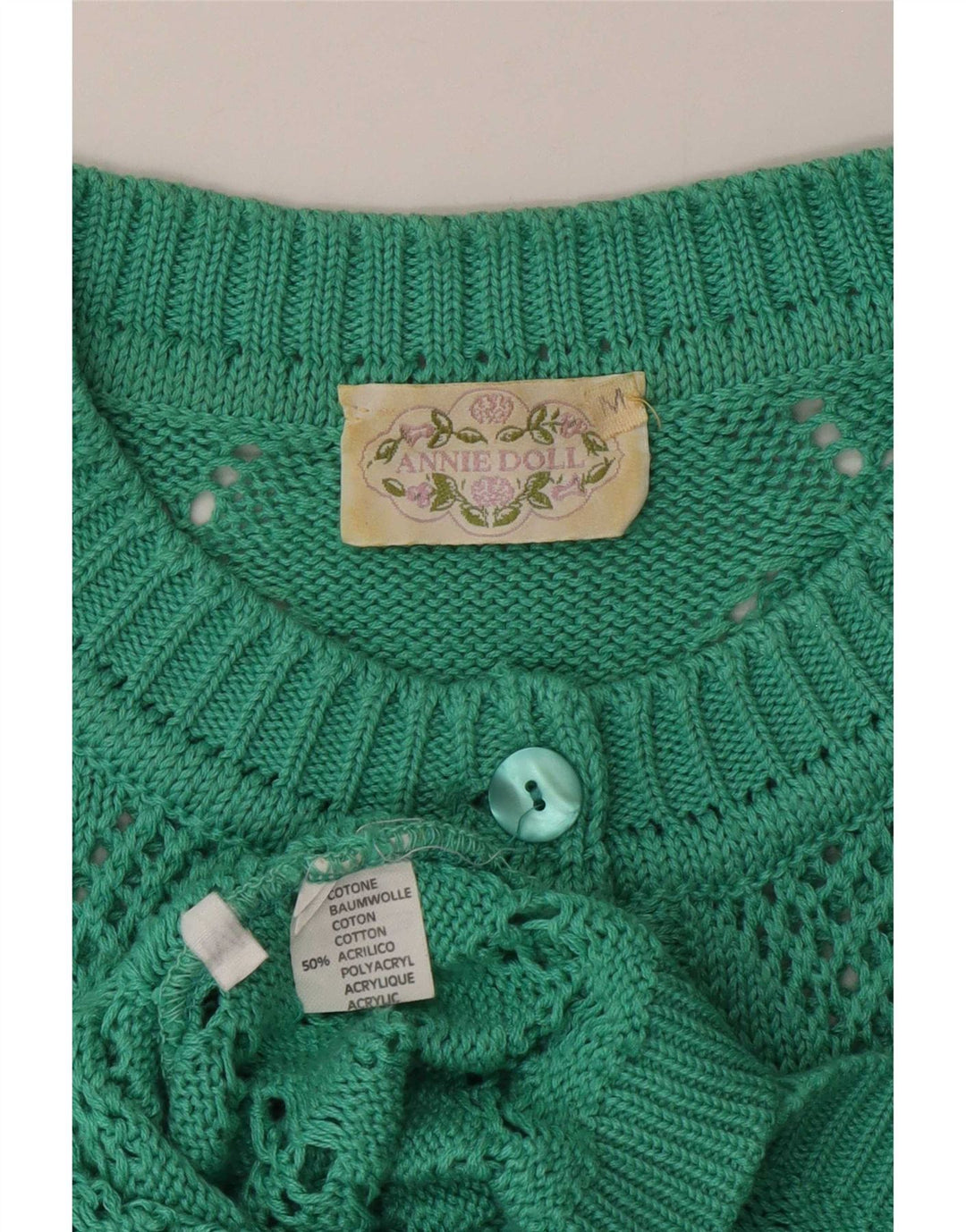 vintage Femmes 3/4 Manches Bouton Cou Jumper Pull UK 14 Vert Moyen
