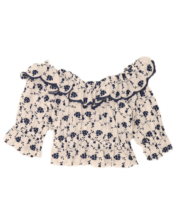 Zara Femmes Crop Off Épaule Blouse Top UK 14 Grand Blanc Floral Coton