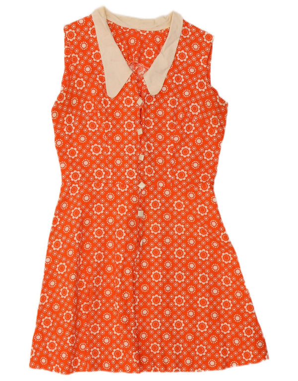 vintage Femme Robe A-Line sans manches UK 12 Medium Orange Floral
