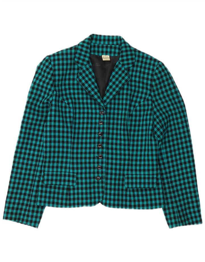 VINTAGE Femme 7 bouton Blazer Veste UK 12 Moyen Vert Gingham Laine
