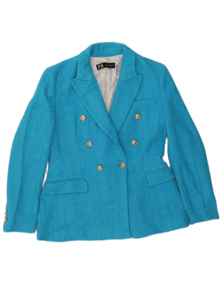 Zara Veste Blazer Double Boutonnage Femme UK 12 Bleu Moyen Coton