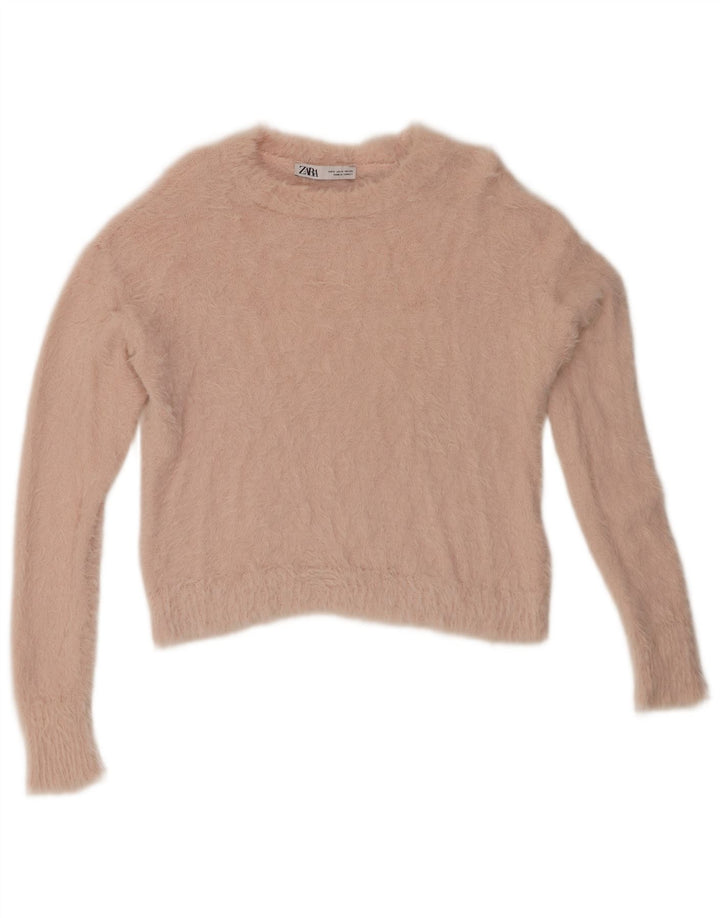 ZARA Femme Crop Crew Neck Jumper Pull UK 10 Petit Rose Polyamide