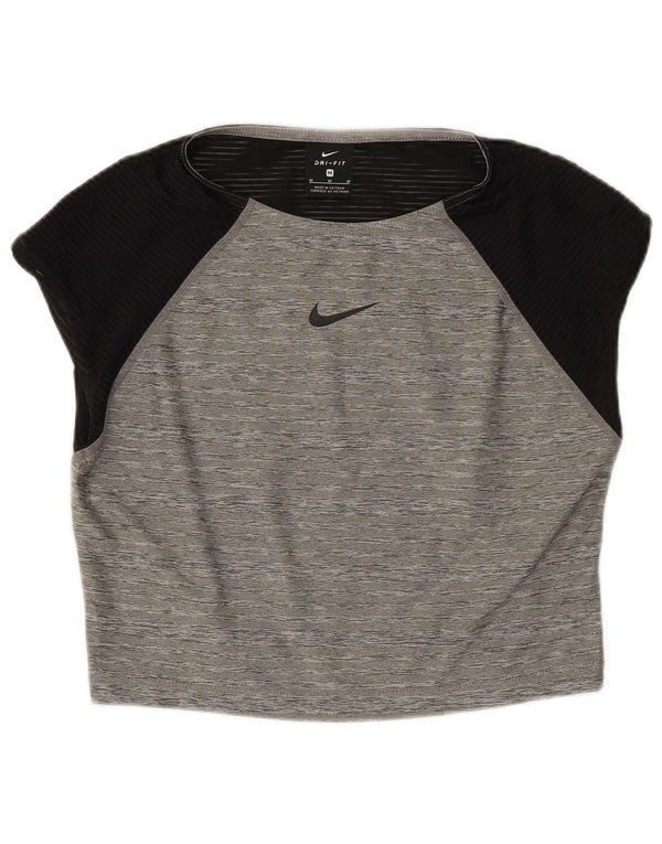 Nike Womens Dri Fit Crop T-Shirt Top UK 12 Gris Moyen Colorblock