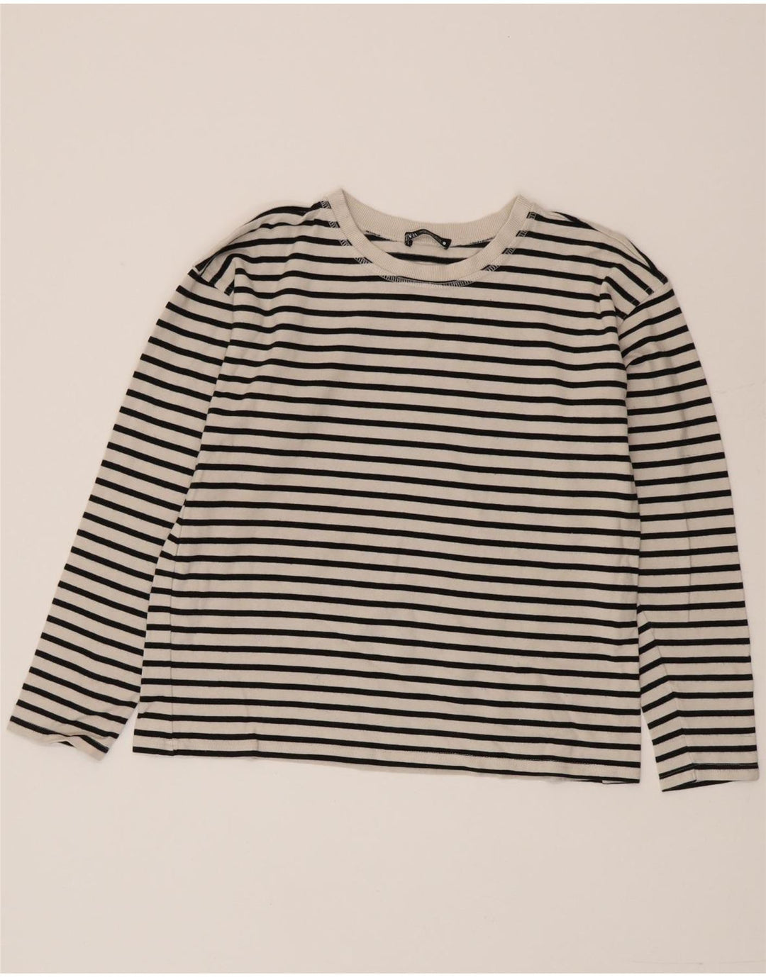 Zara Femme Top Manches Longues UK 14 Moyen Blanc Rayé Coton