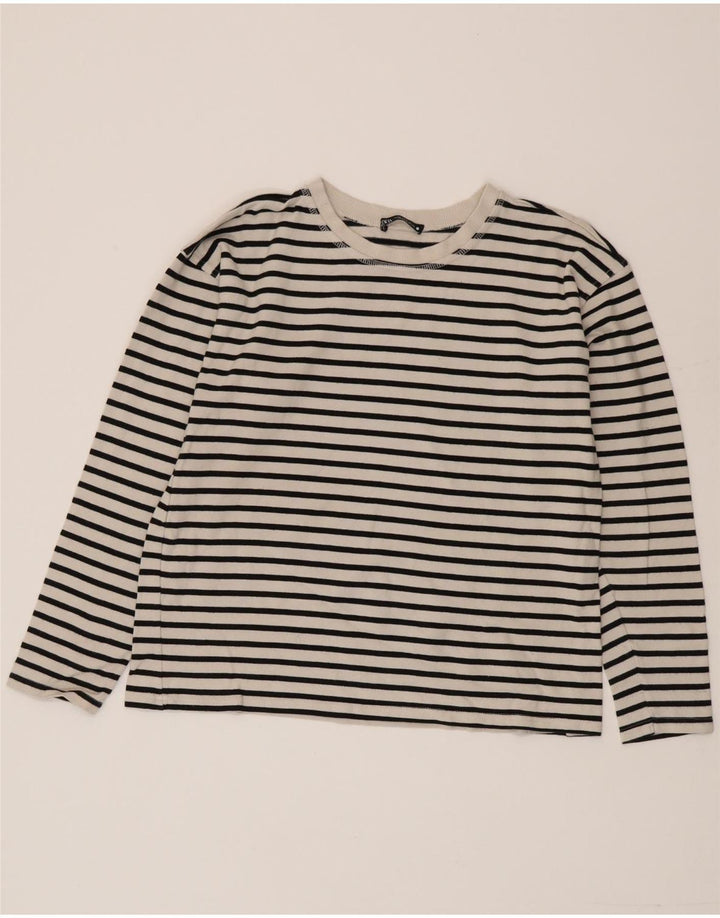 Zara Femme Top Manches Longues UK 14 Moyen Blanc Rayé Coton