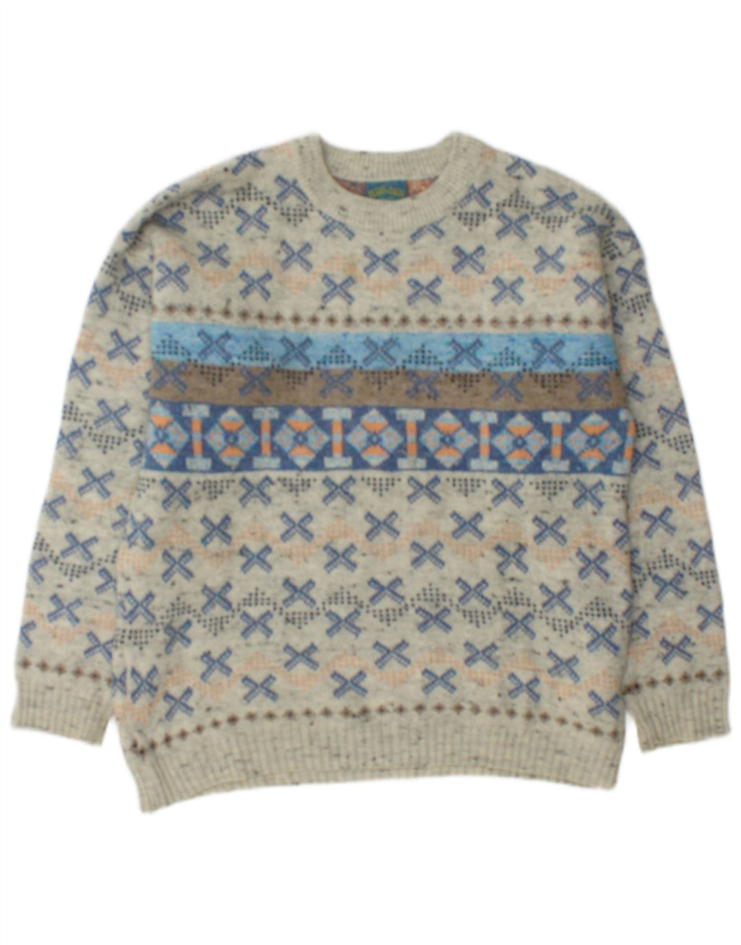 vintage Mens Boat Neck Jumper Pull Moyen Gris Géométrique Laine