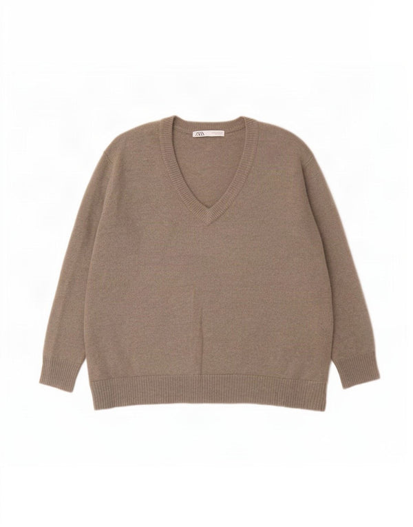 Zara Pull surdimensionné à col en V pour femme UK 44 en cachemire kaki moyen