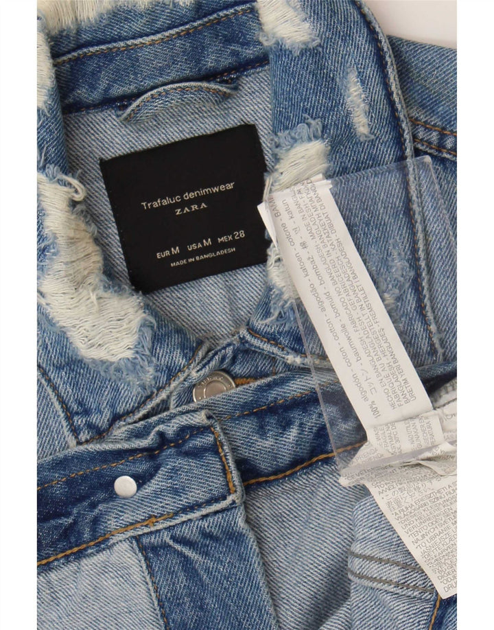 Zara Womens Crop Distressed Denim Jacket UK 12 Bleu Moyen Coton