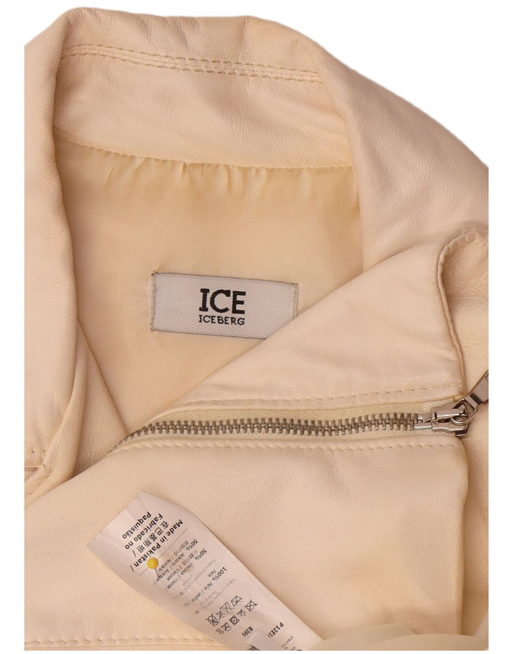 Iceberg Veste de motard en cuir pour femme UK 14 Medium Off White Cuir