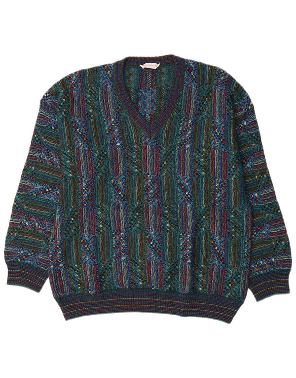 vintage Mens V-Col Jumper Pull Grand Multicolore Géométrique