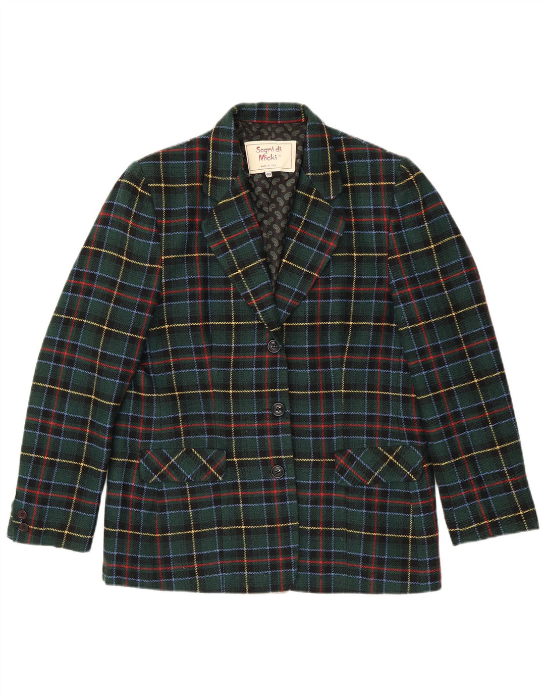 vintage Femme 3 Bouton Blazer Veste IT 48 XL Vert Check Polyester