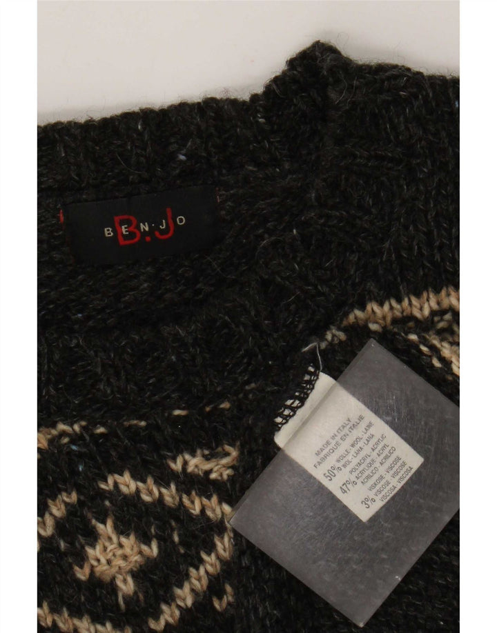 vintage Mens Crew Neck Jumper Pull Grande Gris Fair Isle Laine