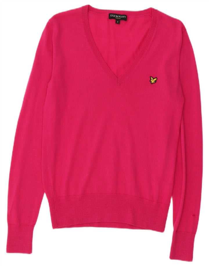 Lyle & Scott Pull col en V pour femme UK 10 Petite laine mérinos rose