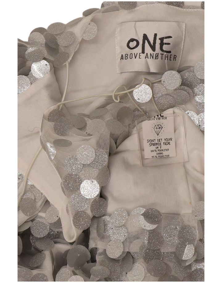 vintage Femmes Cami Top UK 12 Polyester Argent Moyen