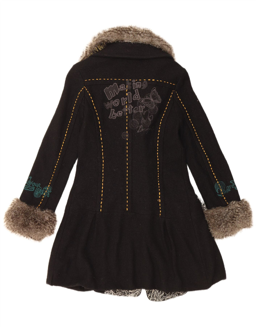 Desigual Femmes Graphique Double Boutonnage Manteau EU 36 Petite Laine Florale Noire