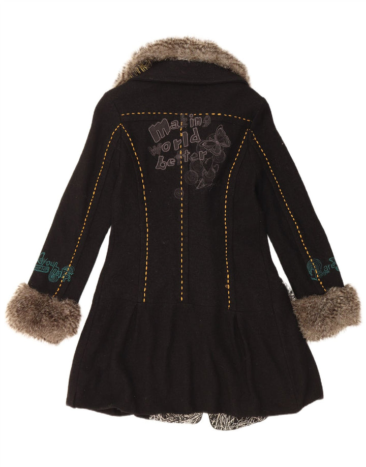 Desigual Femmes Graphique Double Boutonnage Manteau EU 36 Petite Laine Florale Noire