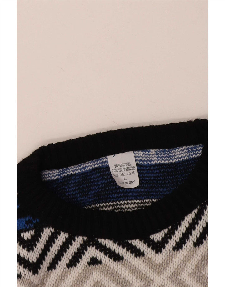 vintage Mens Crew Neck Jumper Pull Grande laine géométrique multicolore