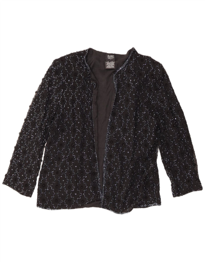 Rare Veste Blazer Ouverte Femme UK 16 Grande Soie Noire