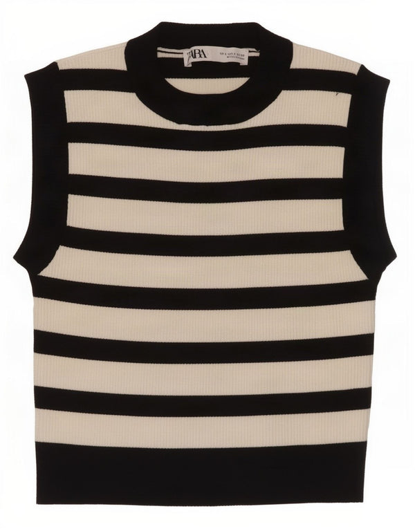 Zara Womens Crop Vest Top UK 8 Small Viscose rayée noire